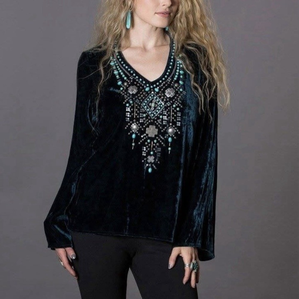 Double‎ D Ranch Velvet Tunic Top Silk Blend Turquoise Beaded Western Concho Sz M